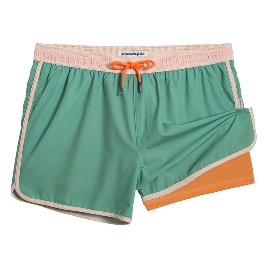 4.5 Inseam 2 in 1 Stretch Short Liner Green Orange Swim Shorts