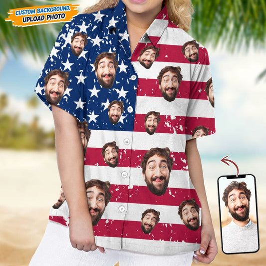 Custom Face Photo With US Flag Vertical Stripes Women's Hawaii Shirt TA29 889330