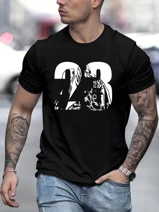 23 Letter Print Men's Short Sleeve Crew Neck T-Shirts, Comfy Breathable Casual Stretchable Tops, Men's Clothings